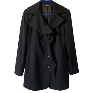 TAHARI NWOT Black Medium Length Knit Winter Jacket Medium Ruffle Button Down